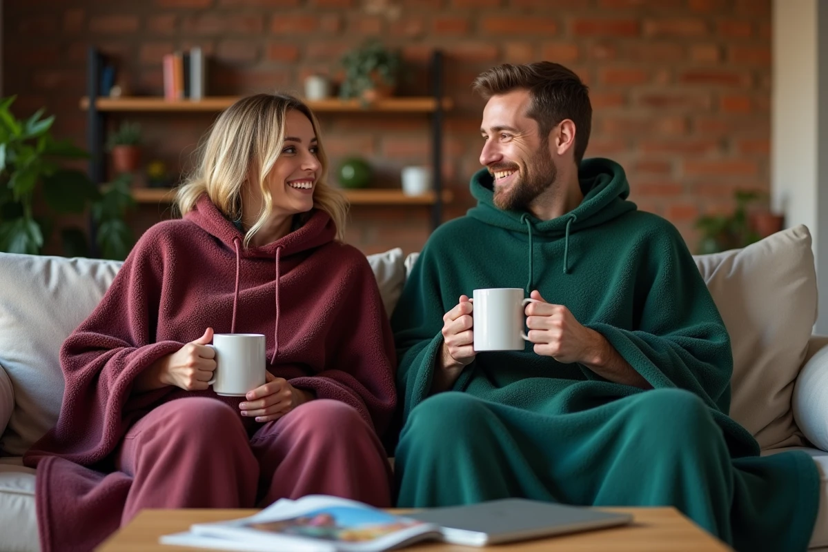 Deux amis portant des ponchos polaires colorés pas chers dans un salon cosy, comparatif qualité-prix 2026