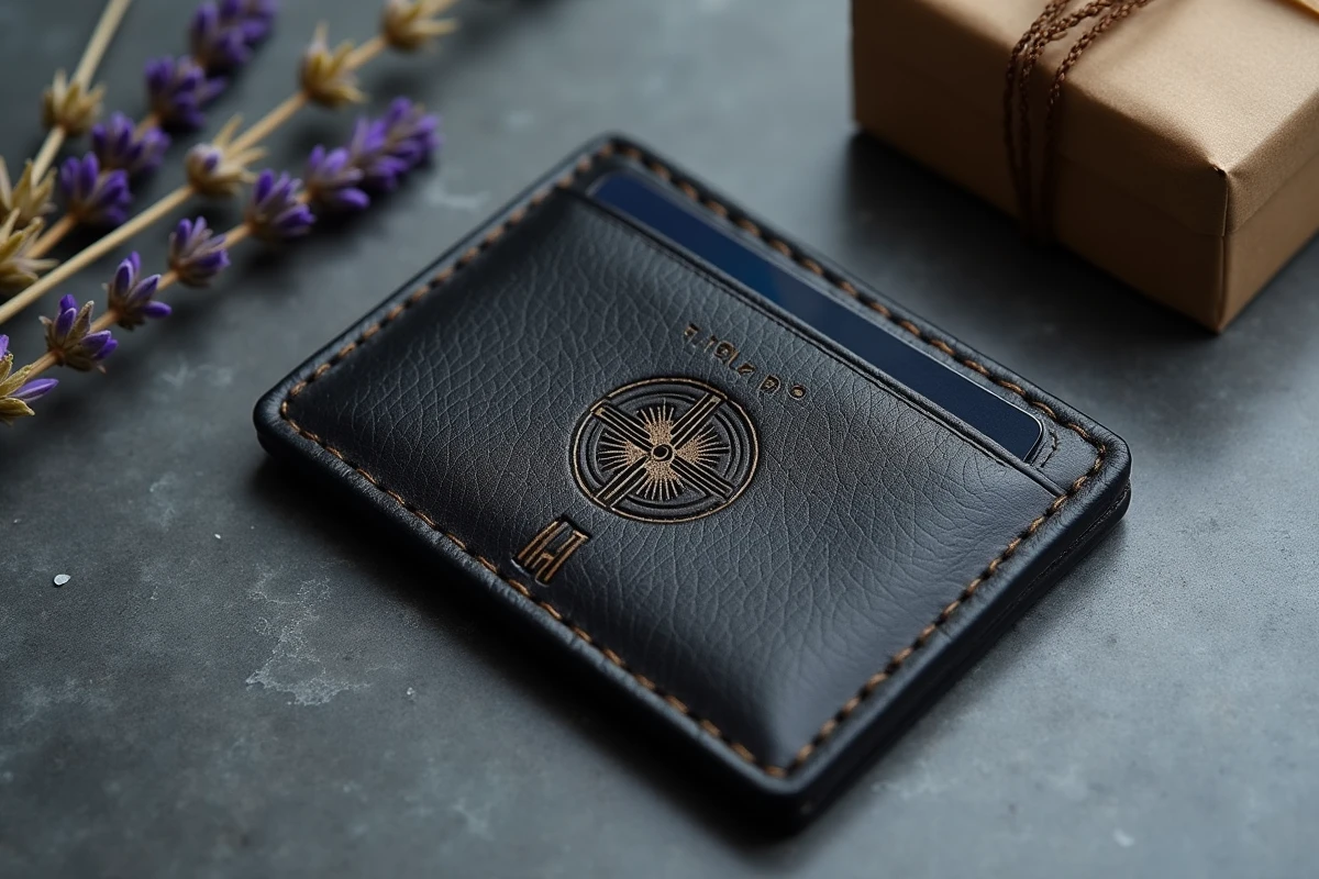 Porte-cartes en cuir noir avec gravure motif géométrique et boussole posé sur béton avec emballage cadeau kraft
