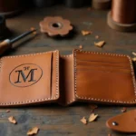 Portefeuille en cuir tan ouvert sur un bureau en bois avec gravure monogramme personnalisée en cours dans un atelier artisanal