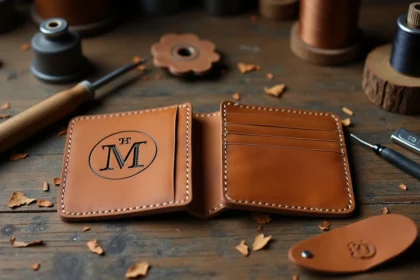 Portefeuille en cuir tan ouvert sur un bureau en bois avec gravure monogramme personnalisée en cours dans un atelier artisanal