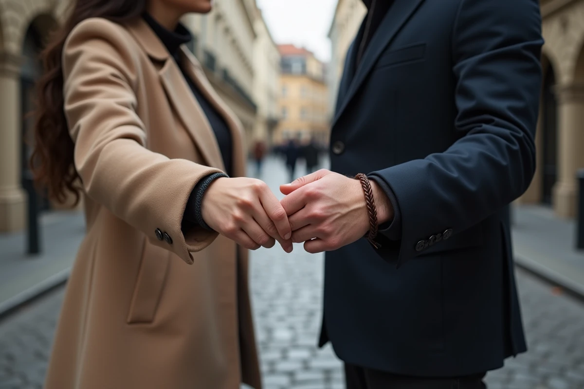 Couple tenant leurs poignets côte à côte pour montrer des bracelets assortis en cuir et corde dans une rue européenne pavée