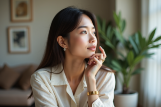 Femme au visage en diamant dans un intérieur moderne