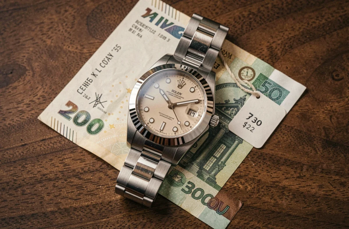 Gros plan d'une montre Rolex Datejust posée sur des francs suisses et un reçu de boutique illustrant le prix en Suisse