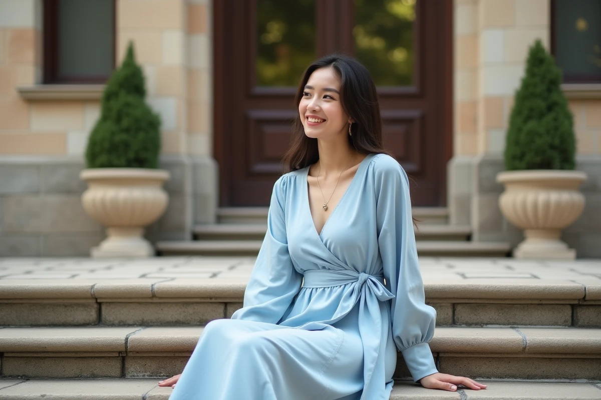 Femme en robe en coton bleu pastel assise sur les marches d'une mairie pour un mariage civil
