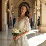 Femme portant une robe en coton ivoire brodée pour un mariage civil dans un couloir en marbre