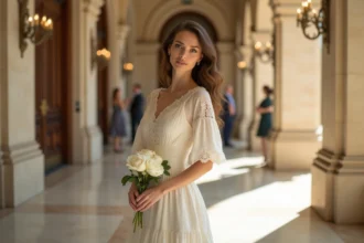 Femme portant une robe en coton ivoire brodée pour un mariage civil dans un couloir en marbre