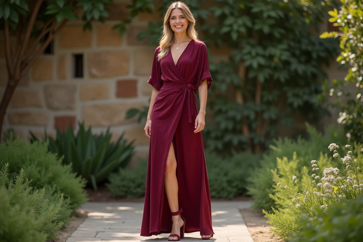 Femme en robe longue bordeaux avec chaussures assorties à bride cheville pour un effet jambe affinée et allongée