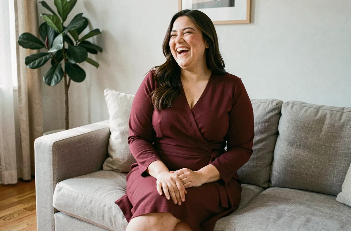 Femme ronde assise en robe portefeuille bordeaux cintrée, style adapté au ventre gonflé en tenue du quotidien