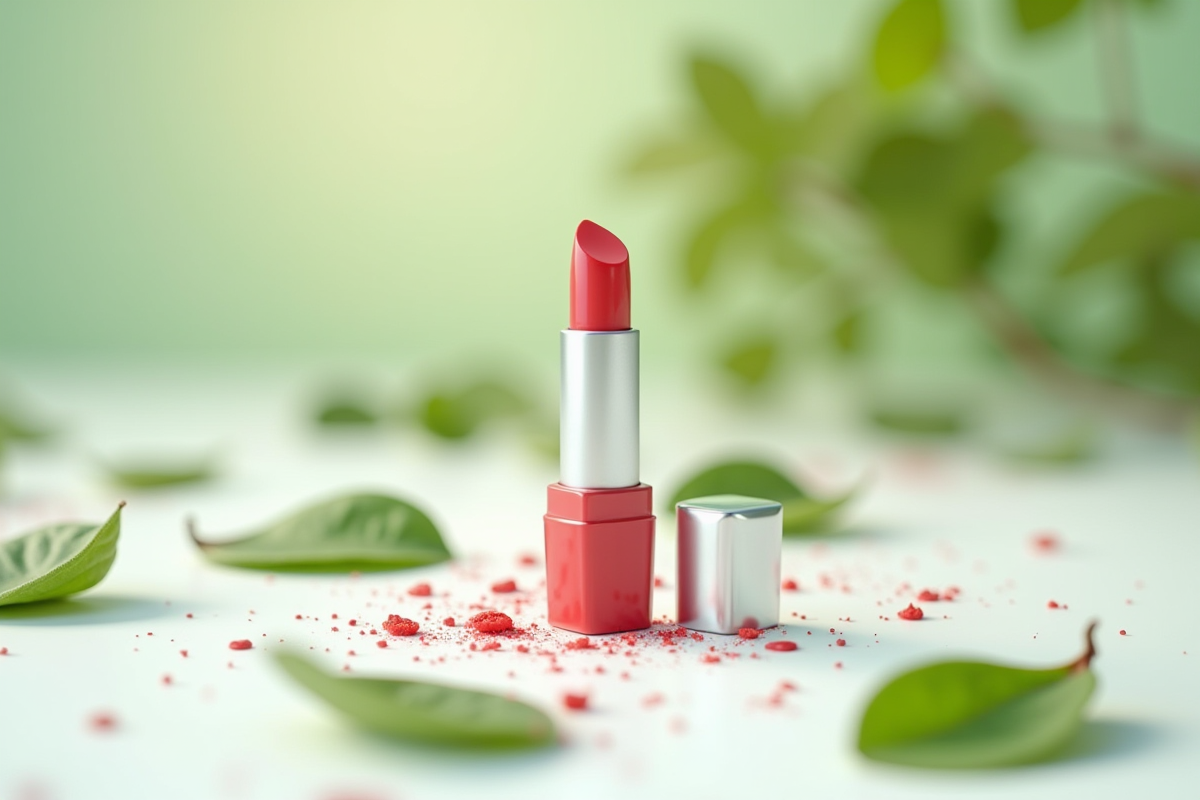 Rouge à lèvres cassé avec feuilles vertes et ingrédients naturels