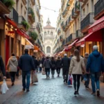 Rue commerçante animée de Marseille avec des boutiques colorées et des passants faisant leurs courses