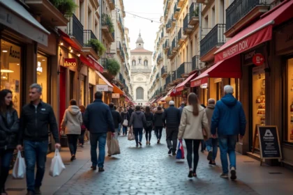 Rue commerçante animée de Marseille avec des boutiques colorées et des passants faisant leurs courses