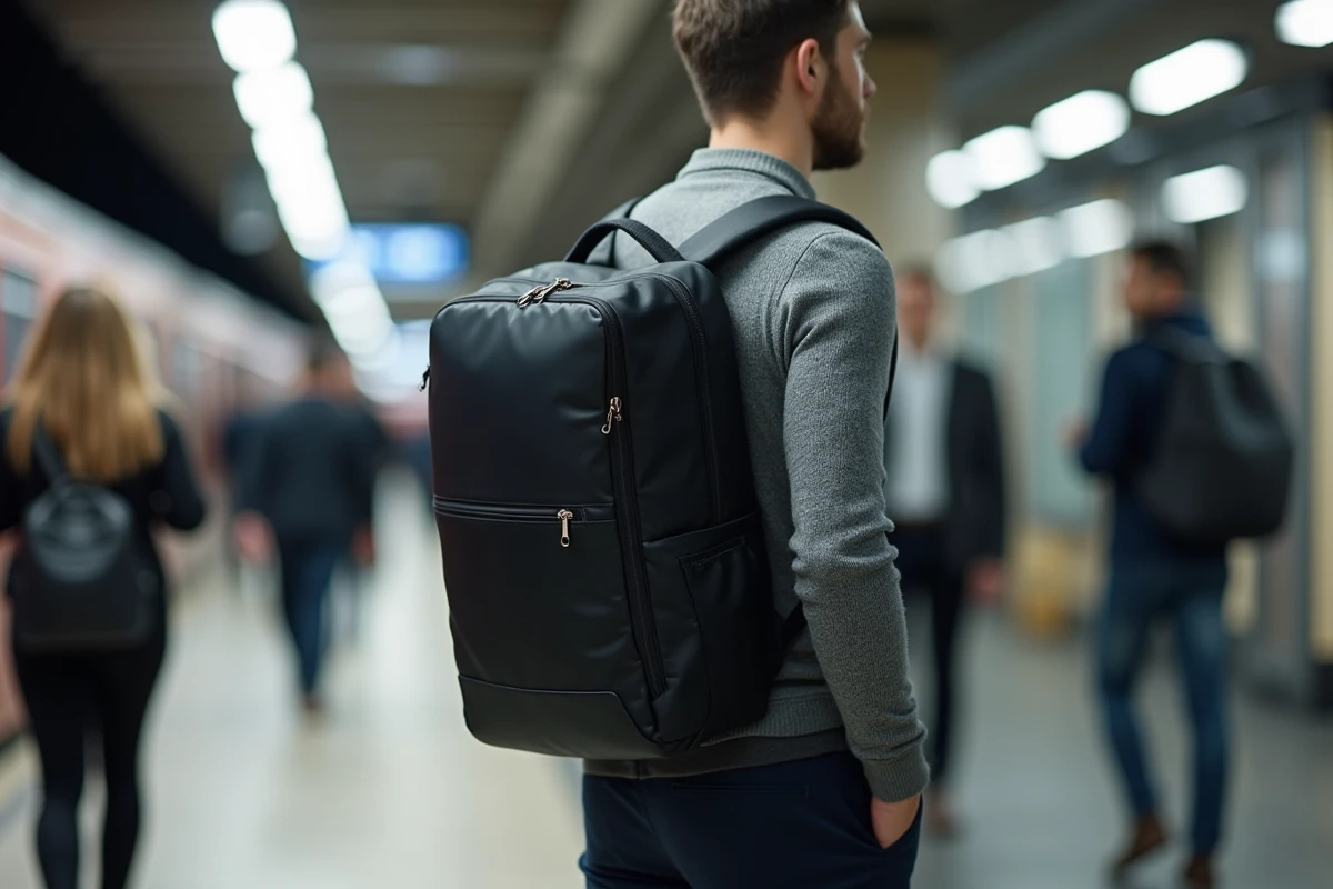 Homme en déplacement portant un sac à dos business noir dans une gare urbaine animée