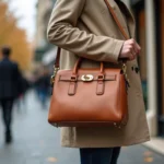 Femme élégante tenant un sac à main Charm en cuir caramel dans une rue parisienne, idéal pour illustrer les meilleures offres de sacs Charm pas cher en 2026