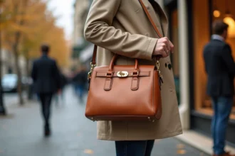Femme élégante tenant un sac à main Charm en cuir caramel dans une rue parisienne, idéal pour illustrer les meilleures offres de sacs Charm pas cher en 2026
