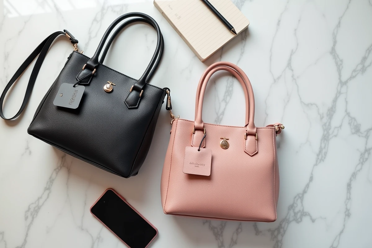 Deux sacs à main Charm en cuir noir et rose disposés en flat lay sur marbre avec étiquettes de prix, pour comparer les modèles Charm pas cher disponibles en 2026