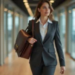 Femme professionnelle portant une sacoche en cuir marron pour ordinateur portable dans un bureau moderne