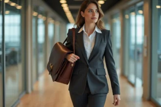Femme professionnelle portant une sacoche en cuir marron pour ordinateur portable dans un bureau moderne