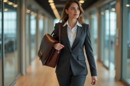 Femme professionnelle portant une sacoche en cuir marron pour ordinateur portable dans un bureau moderne