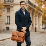Homme élégant portant une sacoche en cuir pleine fleur cognac dans une rue pavée parisienne en automne