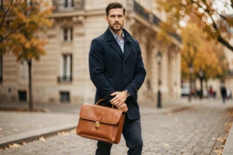 Homme élégant portant une sacoche en cuir pleine fleur cognac dans une rue pavée parisienne en automne