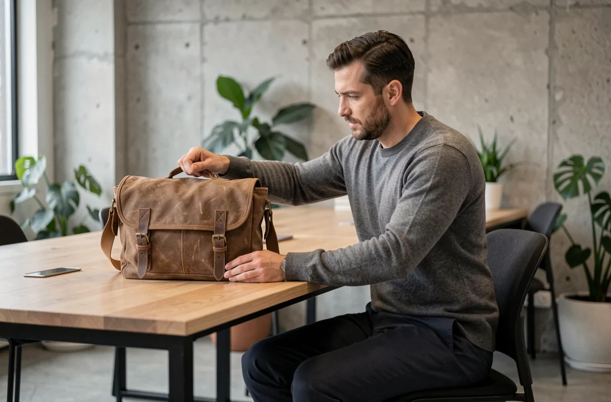 Homme au bureau avec une sacoche en toile cirée robuste posée sur un bureau en bois dans un espace de coworking moderne