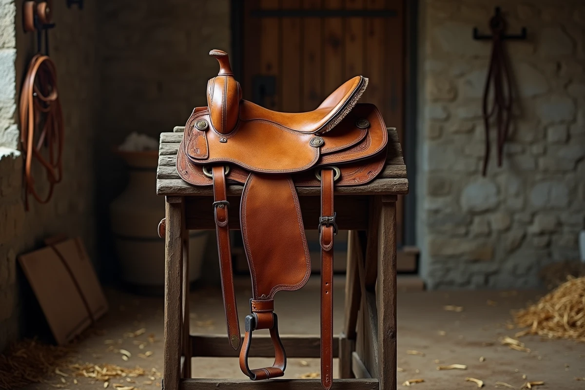Selle en cuir vintage nourrie au cuir gras sur un support en bois dans une écurie rurale avec murs en pierre