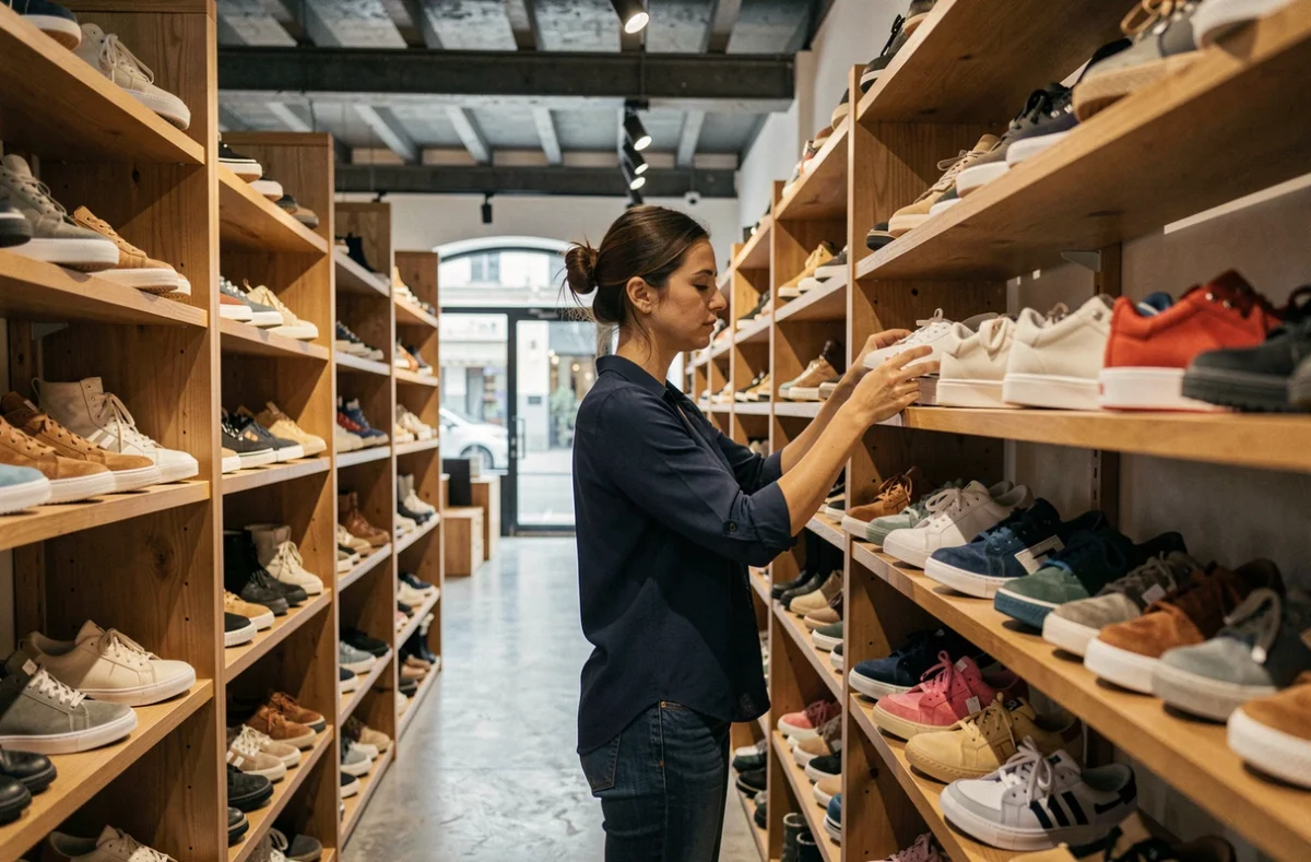 Intérieur du magasin Shoeshop à Saint-Denis avec une vendeuse arrangeant des chaussures sur des étagères en bois