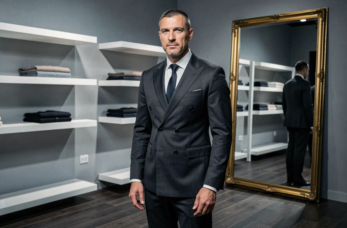 Homme élégant en costume sur mesure posant dans le showroom haut de gamme de Laurent H.