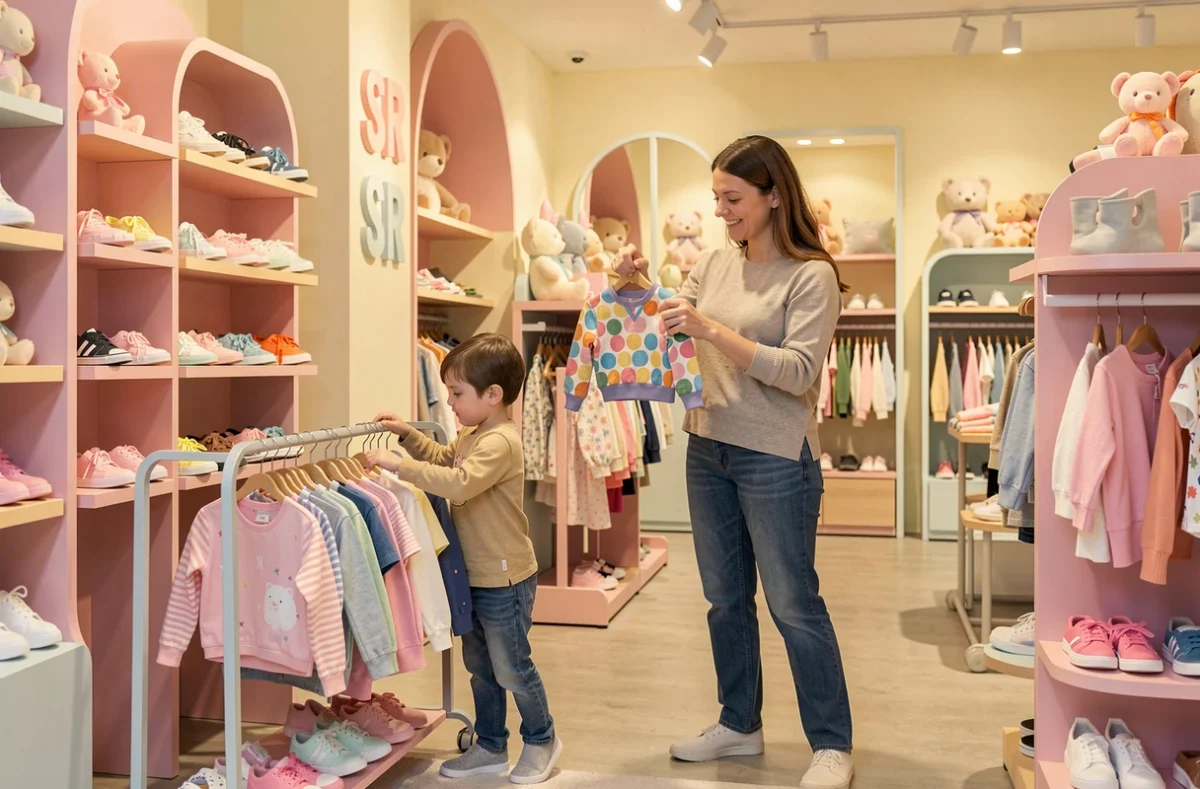 Mère et enfant dans le magasin de stock SR Store Enfant découvrant des vêtements pour enfants à Paris