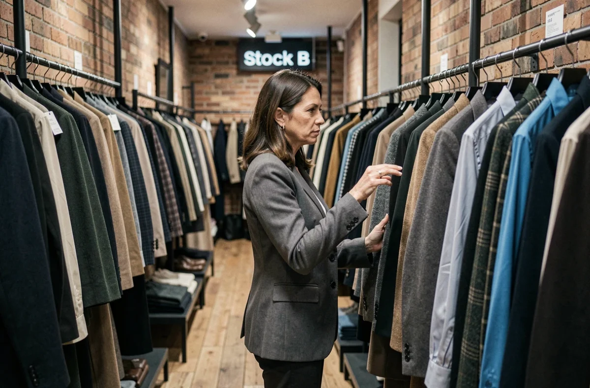 Intérieur du magasin Stock B à Paris avec des vêtements de créateurs sur des portants et une cliente qui fait du shopping