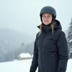 Femme portant une veste de ski haut de gamme discrète noire sans logo sur une piste alpine enneigée