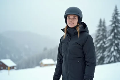 Femme portant une veste de ski haut de gamme discrète noire sans logo sur une piste alpine enneigée