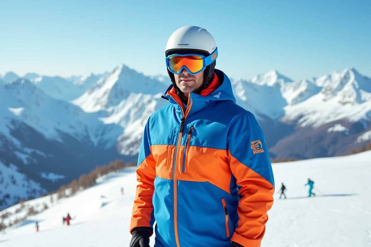 Homme en combinaison de ski luxueuse et ostentatoire bleu et orange avec logo de marque visible au sommet d'une montagne