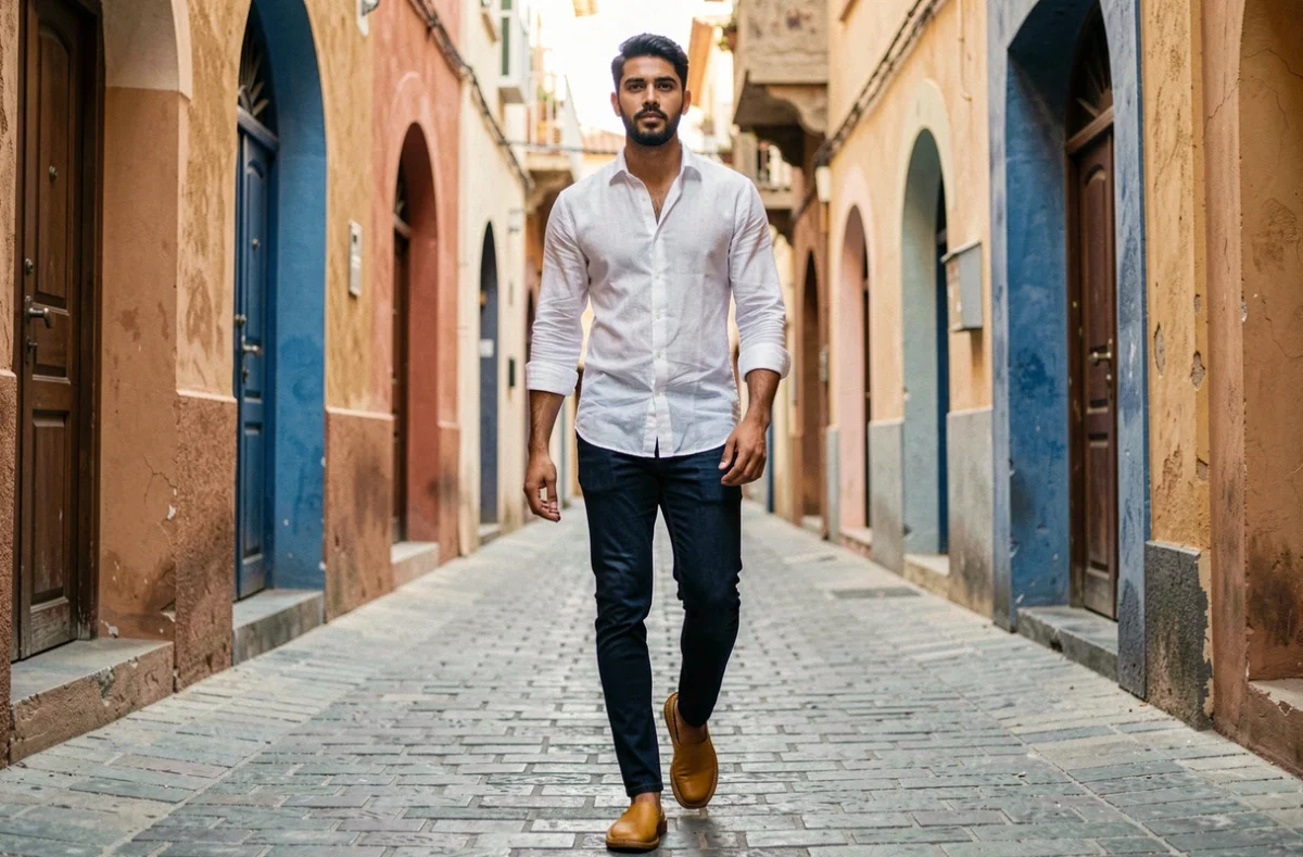 Homme en jean et babouches jaune moutarde marchant dans une ruelle de médina marocaine aux portes colorées
