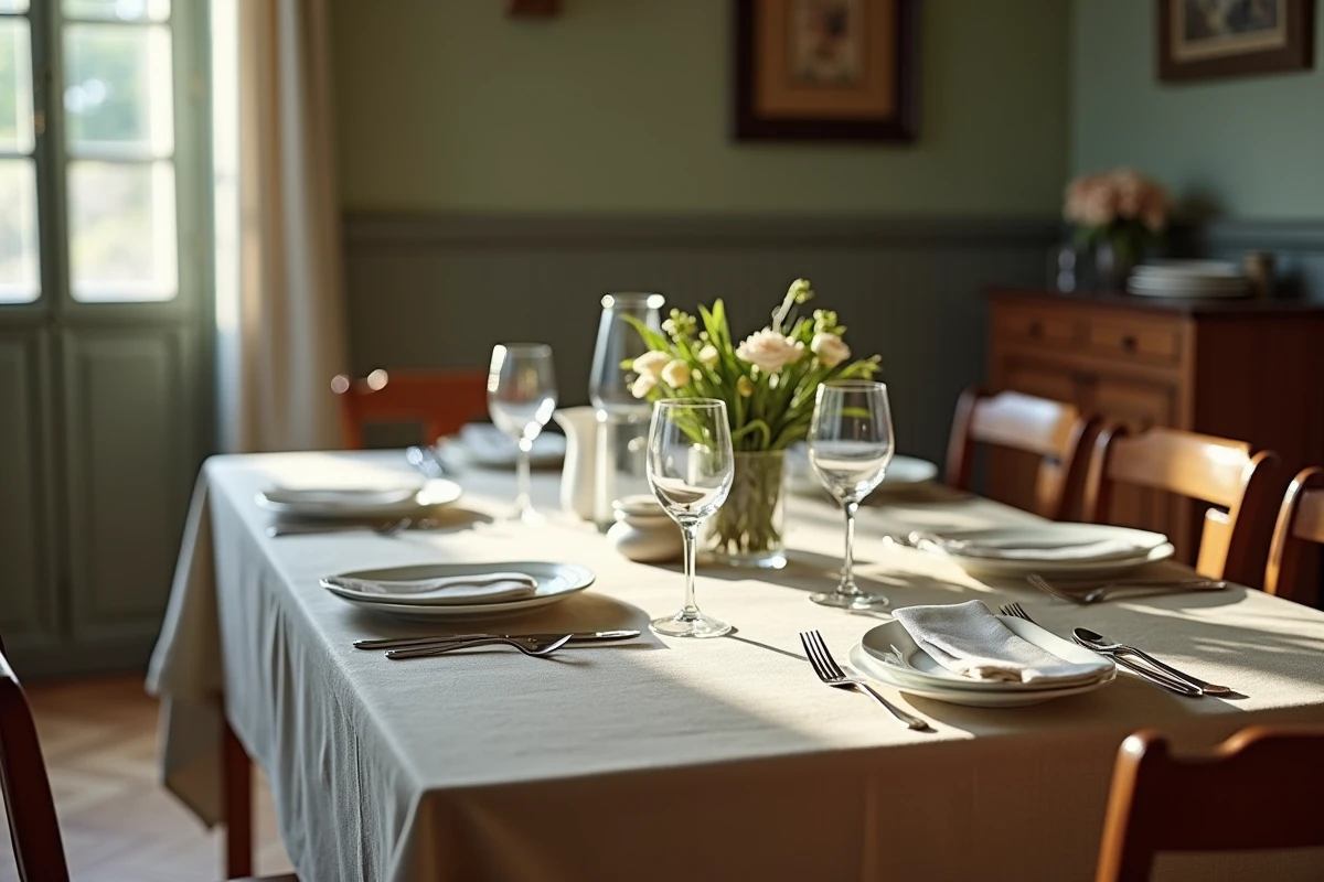 Table française dressée avec un service complet de couverts Laguiole dans un intérieur bistrot traditionnel