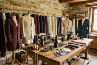 Atelier de tailleur artisanal en Bourgogne-Franche-Comté avec mannequins, tissus et machines à coudre
