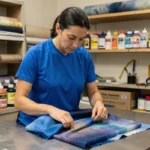 Femme en atelier textile examinant un maillot de sport en polyester en cours de teinture