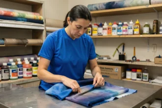 Femme en atelier textile examinant un maillot de sport en polyester en cours de teinture