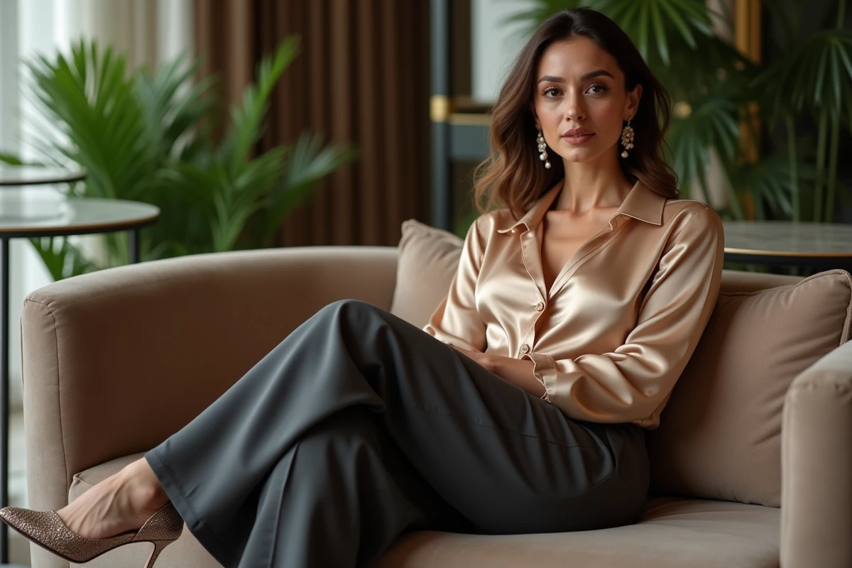 Femme assise chic en pantalon gris et blouse satin champagne pour le réveillon du jour de l'an