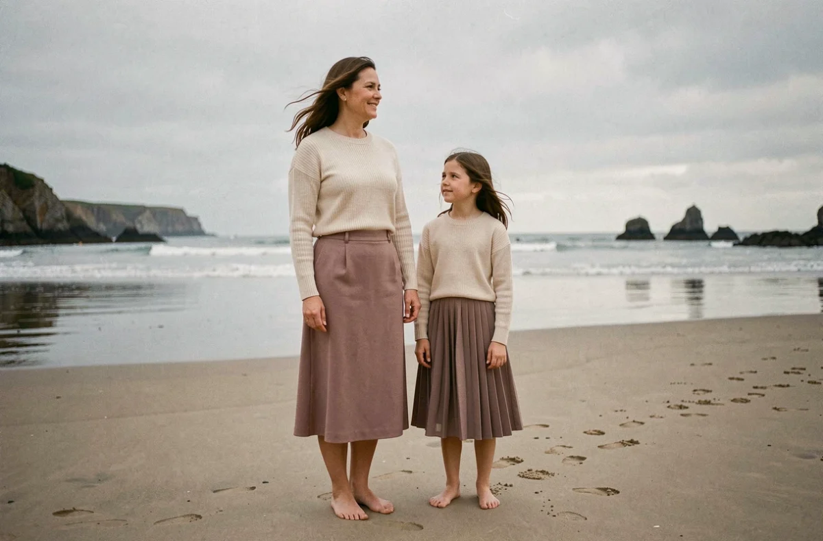 Tenue coordonnée mère-fille en rose poudré et taupe sur une plage de sable en automne avec ciel gris