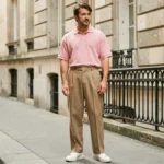 Homme en tenue années 80 avec pantalon à pinces beige et polo pastel dans une rue européenne pavée