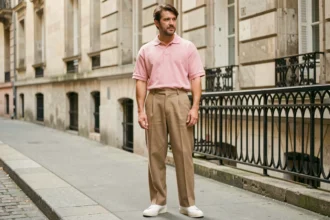 Homme en tenue années 80 avec pantalon à pinces beige et polo pastel dans une rue européenne pavée