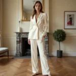 Femme élégante en combinaison pantalon en soie ivoire avec bijoux dorés pour le jour de l'an