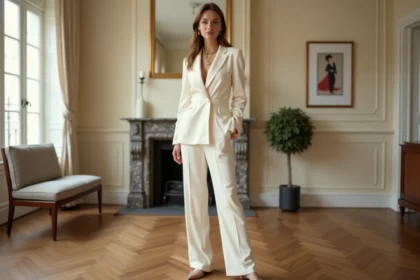 Femme élégante en combinaison pantalon en soie ivoire avec bijoux dorés pour le jour de l'an