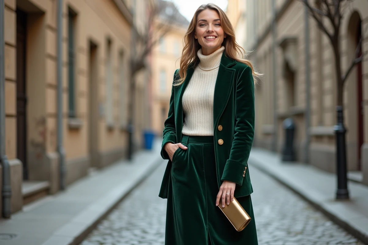 Tenue jour de l'an jupe velours vert émeraude et pull cachemire crème dans une rue européenne