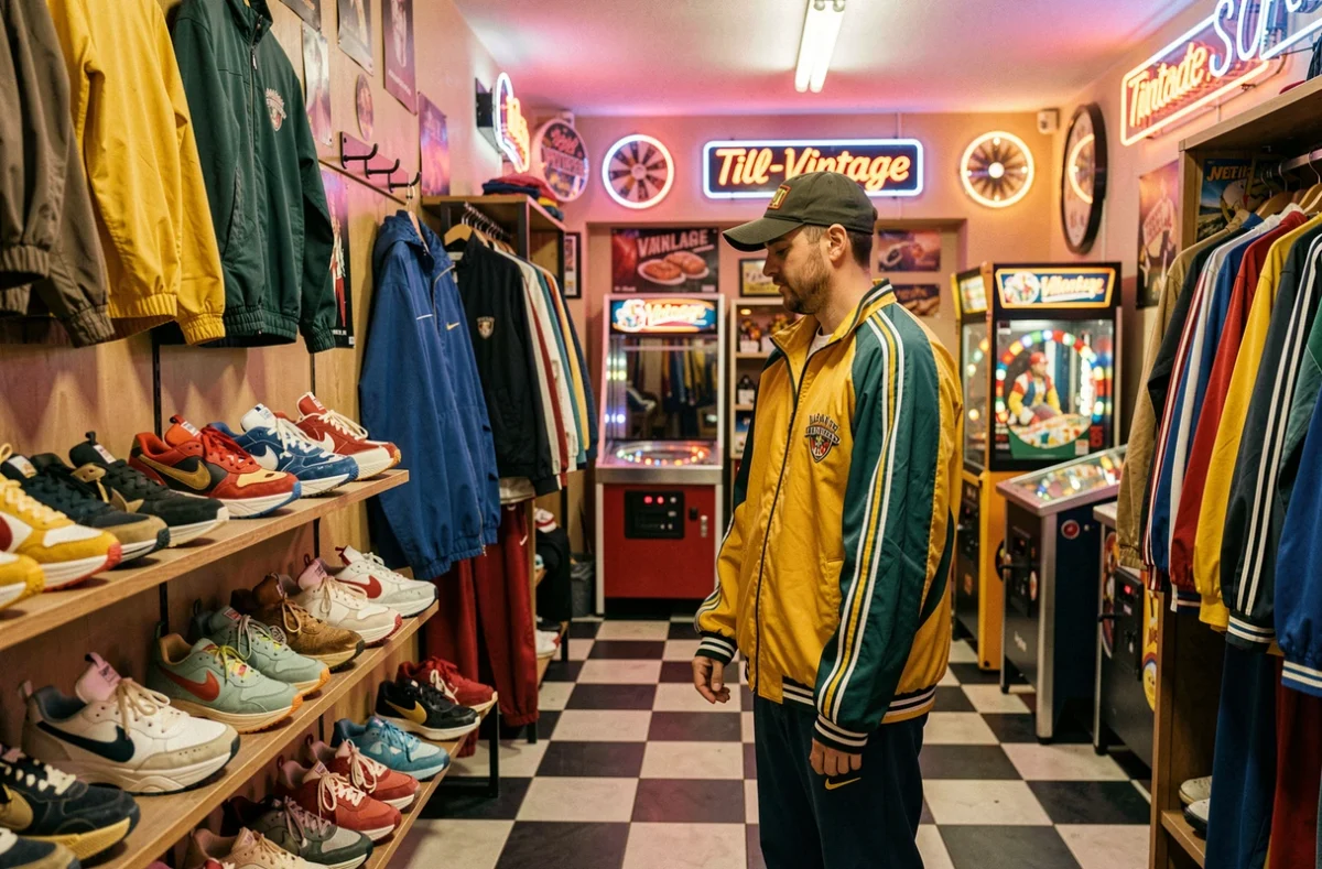 Un homme inspecte une veste de sport vintage dans le Tilt-Vintage Store à Lyon, boutique aux accents 80s avec sol en damier et enseignes néon