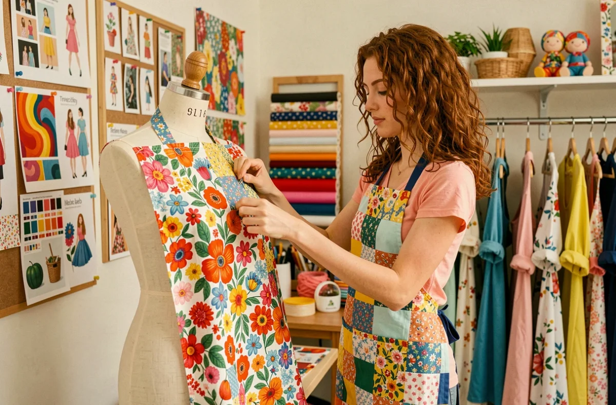 Créatrice de Tinabes's épinglant un tissu fleuri sur un mannequin dans son atelier coloré