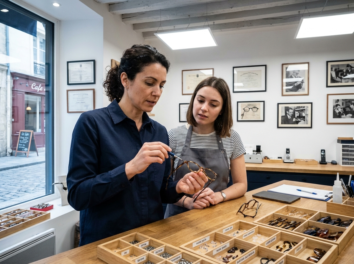 Opticienne française transmettant son savoir-faire à une apprentie dans un atelier de lunetterie artisanale