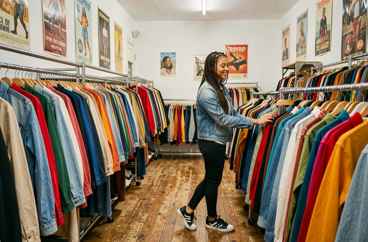 Portants de vêtements de seconde main organisés par couleur formant un arc-en-ciel dans la friperie Tripfrip à Lyon
