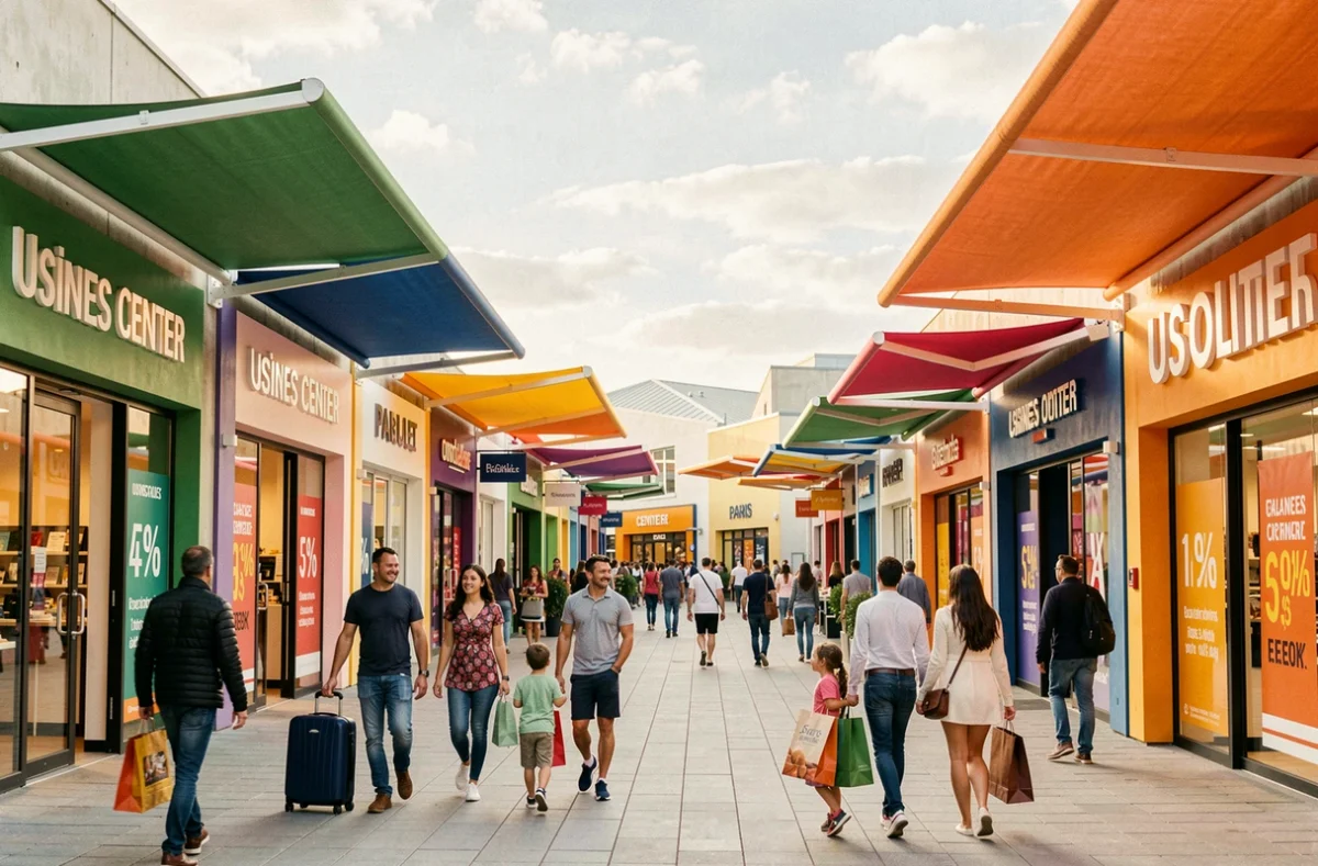 Allée commerçante animée du complexe outlet Usines Center Paris avec des familles faisant du shopping